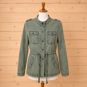 LOFT Petites Utility Jacket XS Petite Olive Green Snap Front Drawstring [A2]